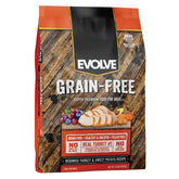 Evolve grain-free turkey bag—no corn, wheat, or soy for sensitive dogs.