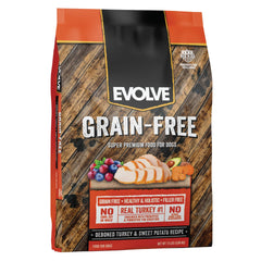 Evolve grain-free turkey bag—no corn, wheat, or soy for sensitive dogs.