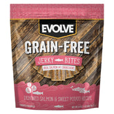 Evolve salmon-sweet-potato jerky bites packaging in 25oz bag for rewards
