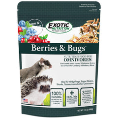 Exotic Nutrition Berries & Bugs bag close-up with natural ingredients for insectivores.