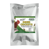 Exotic Nutrition dried crickets packaging shown, natural treat for pets.