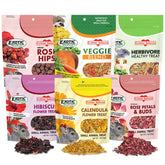 Exotic Nutrition herbivore treats variety pack on display for small pets' dining variety.