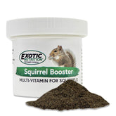 Exotic Nutrition Squirrel Booster bottle showing daily vitamin support for pet squirrels.