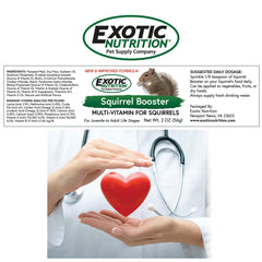 Exotic Nutrition Squirrel Booster ingredients panel highlighting probiotics and gut health.