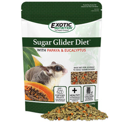 Exotic Nutrition Sugar Glider Diet with Papaya and Eucalyptus bag showing natural ingredients for balanced nutrition