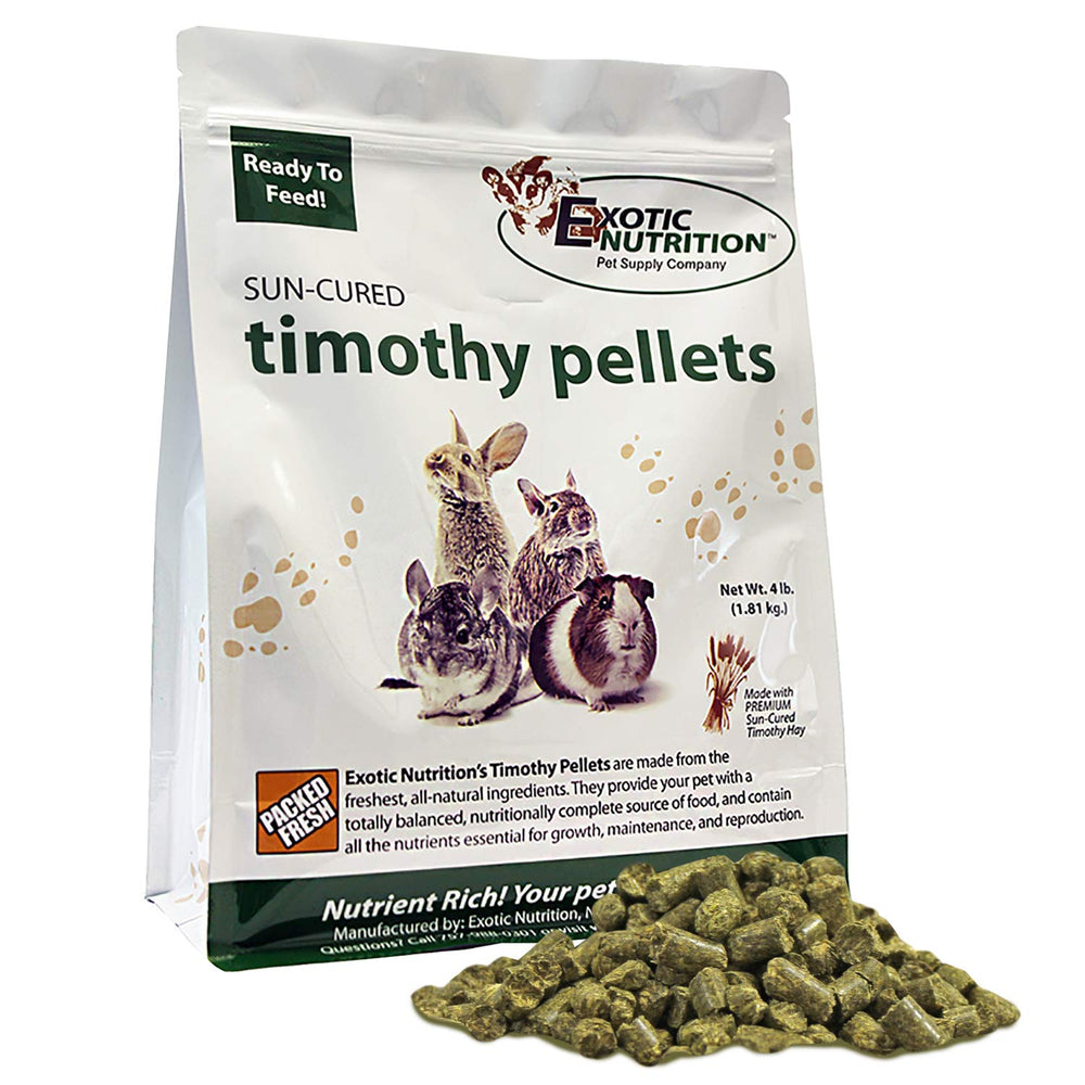 Exotic Nutrition Timothy Pellets bag front; fiber-rich rabbit diet for healthy digestion.