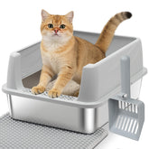 Exovyn stainless steel litter box with lid reduces spills and odors.