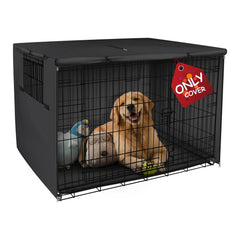 Explore Land dog crate cover on a 42-inch cage blocks sun and wind