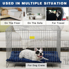 Exsnugy blue dog bed mat non-slip bottom keeps crates stable.