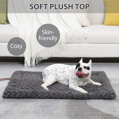 Rectangle plush dog bed laid on crate demonstrates roomy space for dogs.