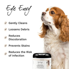Eye Envy tear stain wipes applied around the eyes safely clean tear staining.