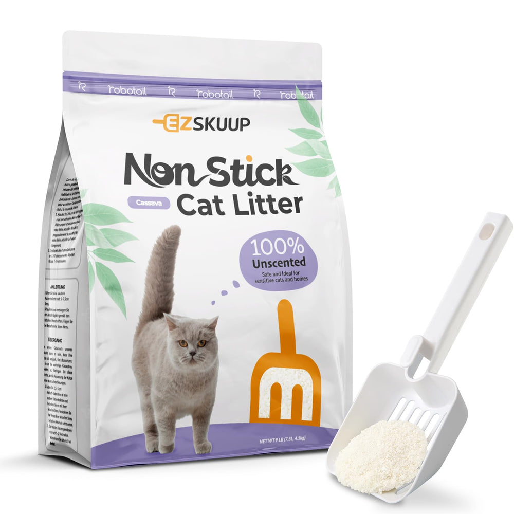 EZSKUUP non-stick ultra clumping litter being poured for easy setup and clean usage.