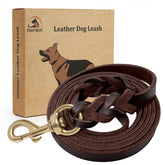 FAIRWIN leather braided leash in brown for training and walking.