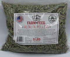 Family Farm and Feed alfalfa pellets closeup texture, showing density and quality.