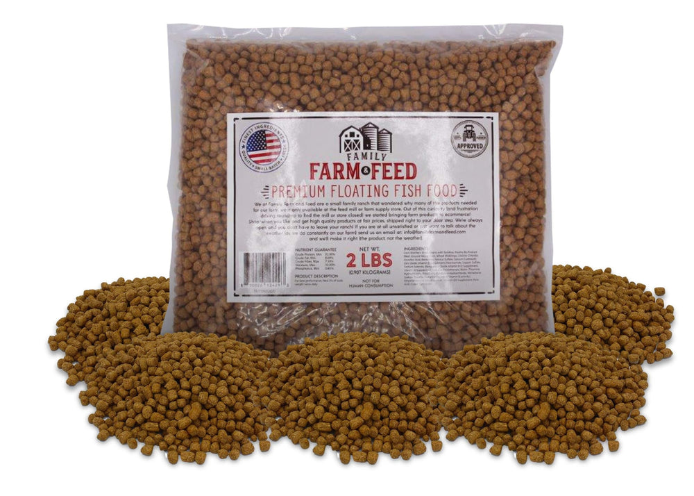 Family Farm and Feed floating fish food pellets for easy pond feeding.