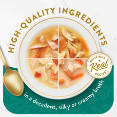 Fancy Feast Broth Complement chicken and seafood closeup highlighting silky broth texture.