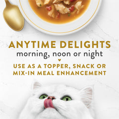 Fancy Feast broth pour-over over meal illustrates moisture boost for dry or wet meals.