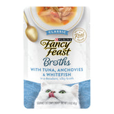 Fancy Feast Broths Classic with tuna, anchovies and whitefish in silky broth for hydration.