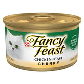 Fancy Feast Chunky Chicken Feast wet cat food can closeup with chicken chunks for palatable meals.