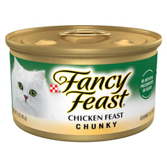 Fancy Feast Chunky Chicken Feast wet cat food can closeup with chicken chunks for palatable meals.