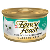 Fancy Feast Cod, Sole and Shrimp Feast pate open can showcasing premium seafood for cats