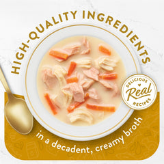 Close-up of Fancy Feast Creamy Broth's silky texture enhances flavor