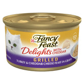 Fancy Feast Delights cheddar-grilled-turkey can showcases premium adult cat meal.