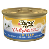 Fancy Feast Delights pack 24 cans of cheddar grilled whitefish for daily meals.