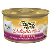 Fancy Feast Delights grilled chicken cheddar gravy bowl, enticing aroma for adult cat dining.