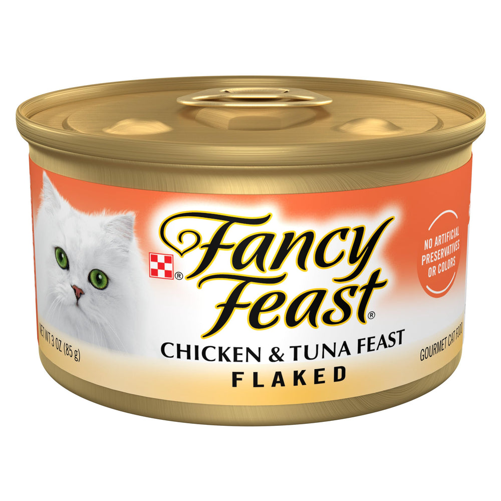 Fancy Feast Flaked Chicken and Tuna Feast pack view with real ingredients.