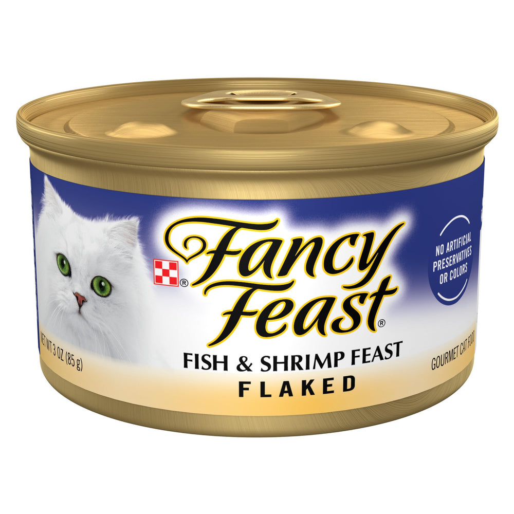Fancy Feast Flaked Fish and Shrimp Feast cans close-up showing real seafood for adult cats