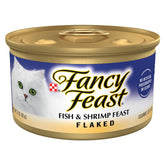Fancy Feast Flaked Fish and Shrimp Feast cans close-up showing real seafood for adult cats