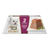 Fancy Feast Gems Mousse with Beef shows a rich gravy halo over pate for a flavorful cat meal.