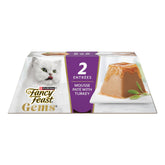 Fancy Feast Gems turkey pate mousse plate highlights silky texture with a savory gravy halo.