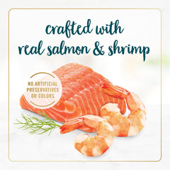 Fancy Feast Salmon and Shrimp Feast offers complete and balanced nutrition for adult cats.