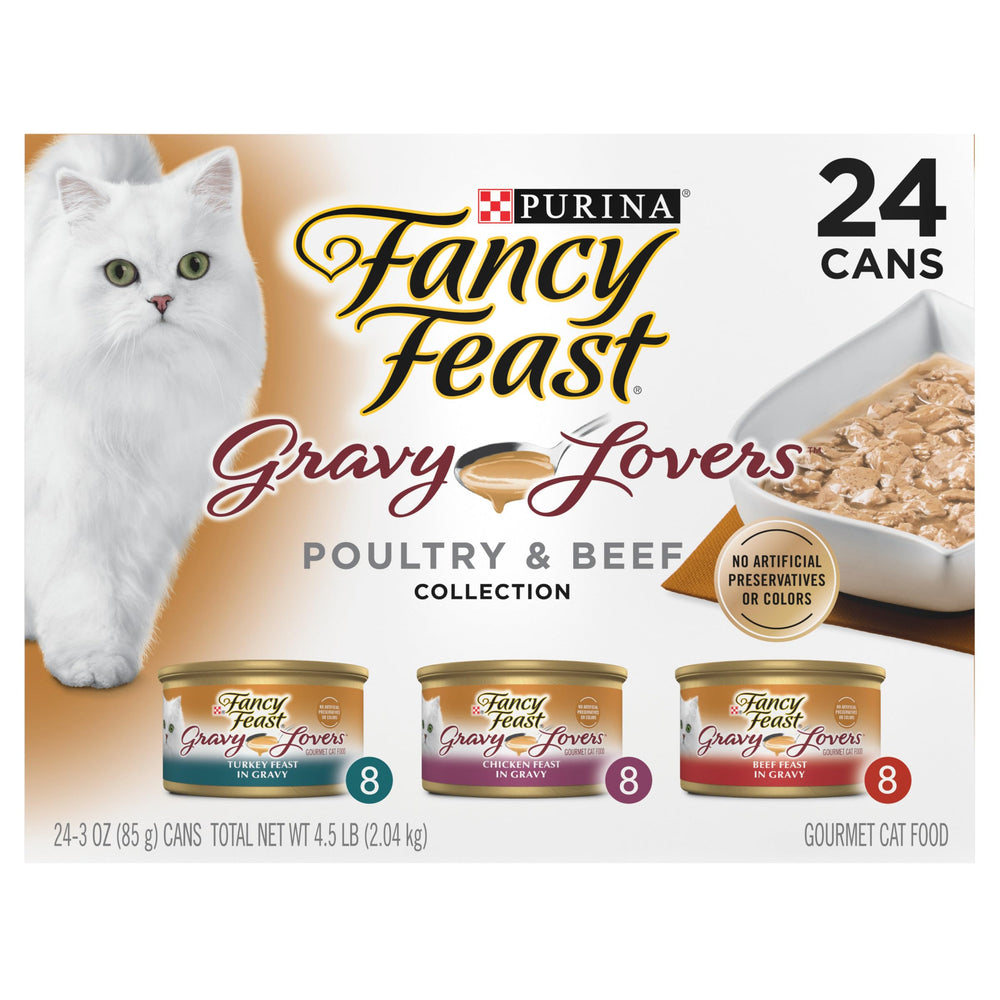 Fancy Feast Gravy Lovers poultry-beef cans; savory gravy for adult cats.