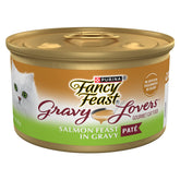Fancy Feast Gravy Lovers Salmon Feast Pate cans show real salmon in gravy for a gourmet meal.