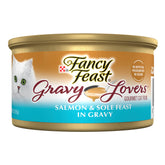 Fancy Feast Gravy Lovers salmon-sole can closeup highlights premium ingredients for appealing meals.