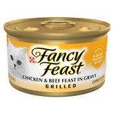 Fancy Feast Grilled Chicken and Beef in Gravy can, protein-rich option for adult cats.