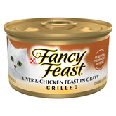 Fancy Feast grilled liver and chicken in gravy cans in a 24-pack for convenient meals.