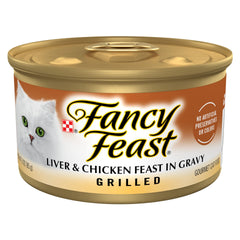 Fancy Feast grilled liver and chicken in gravy cans in a 24-pack for convenient meals.