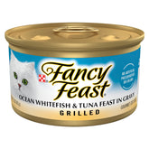 Fancy Feast Grilled Ocean Whitefish and Tuna bites served to entice a cat during mealtime.