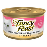 Fancy Feast grilled salmon shrimp cans pack with premium wet cat food for variety.