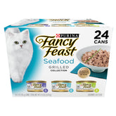 Fancy Feast grilled-seafood-cans show real seafood in savory gravy for adult cats.