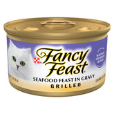 Fancy Feast Grilled Seafood Feast cans in a pack deliver moisture-rich meals for cats