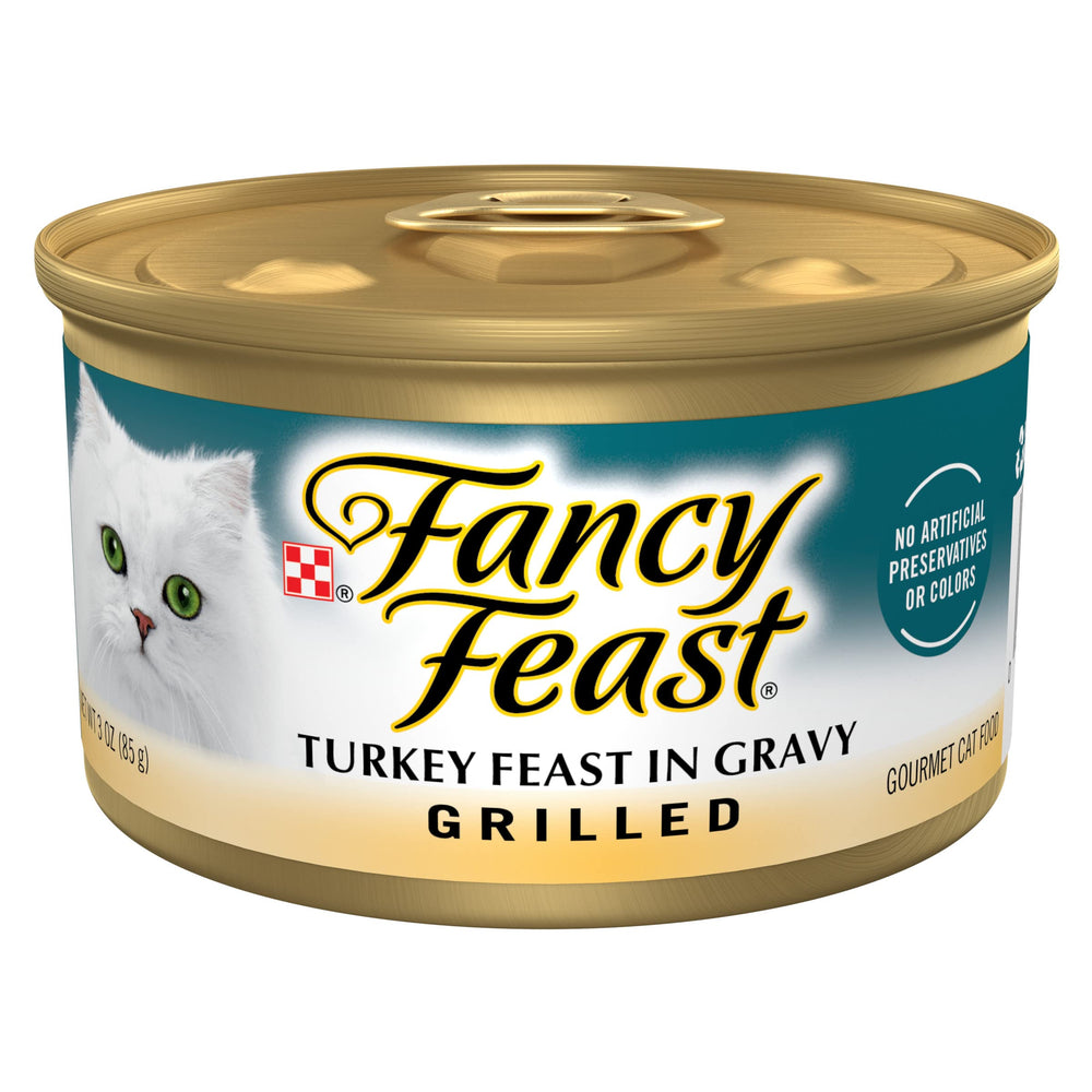 Fancy Feast Grilled Turkey Chunks in Gravy for adult cats, savory meal.