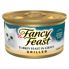 Fancy Feast Grilled Turkey Chunks in Gravy for adult cats, savory meal.