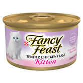 Fancy Feast Kitten Tender Chicken Feast pate serving, kitten nourishment.