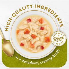 Fancy Feast lickable broth topper vegetables close-up with real veggies in broth