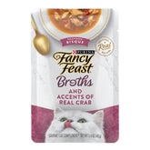 Fancy Feast lickable seafood bisque pouch showcases real crab accents for gourmet flavor.